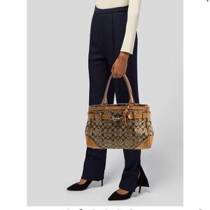 Y2K Coach Signature Jacquard Hampton Satchel Handbag with Chestnut Leather Trim